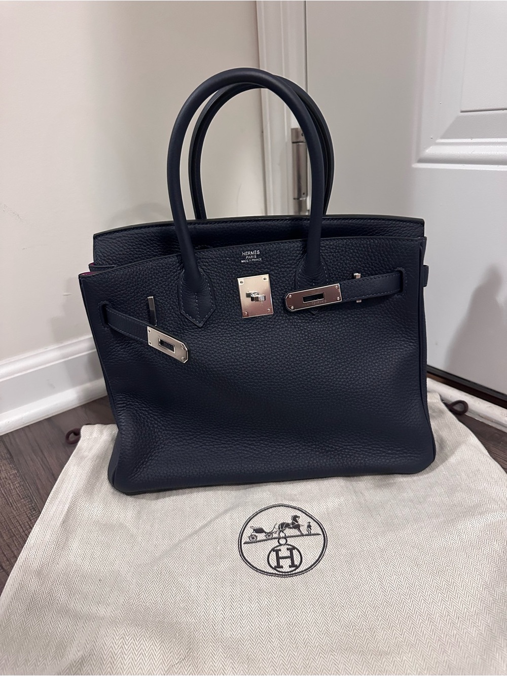 Hermes Navy Togo Leather Satchel with Silver Hardware